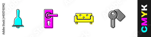 Set Hotel service bell, Door handle, Sofa and door lock key icon. Vector