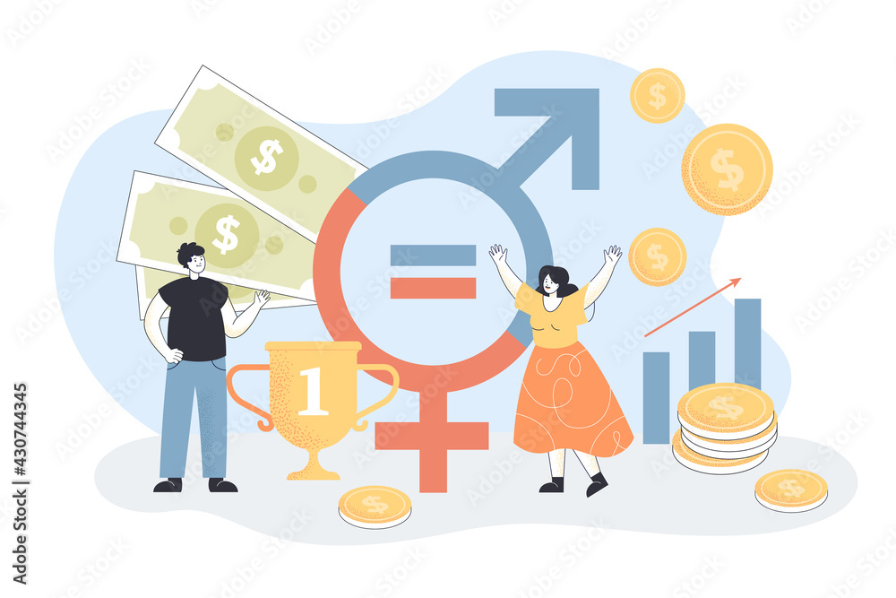 Happy man and woman in front of gender sign. Wage, salary equality for business people flat vector illustration. Gender and social equality, discrimination concept for banner, website design Happy man and woman in front of gender sign. Wage, salary equality for business people flat vector illustration. Gender and social equality, discrimination concept for banner, website design
