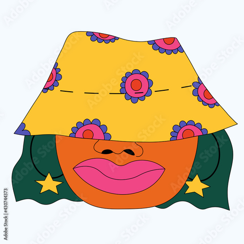 portrait of a glamorous girl of the 80s and 70s in a panama hat on her head.Quirky style and kitsch. Arrogant emotion.The eyes are not visible.Fashionable woman with colored hair.funky and groove