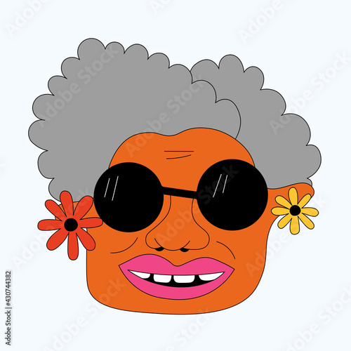 sticker portrait of a stylish elderly woman.Gray-haired woman in sunglasses.Cheeky whimsical old hippie avatar.Quirky fashionable grandmother.Crazy funky old woman.Bizarre isolated portrait