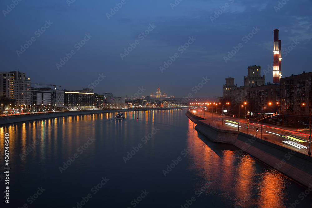 Panorama of evening Moscow with view of Moscow river and Berezhkovskaya and Savvinskaya embankments, Russia