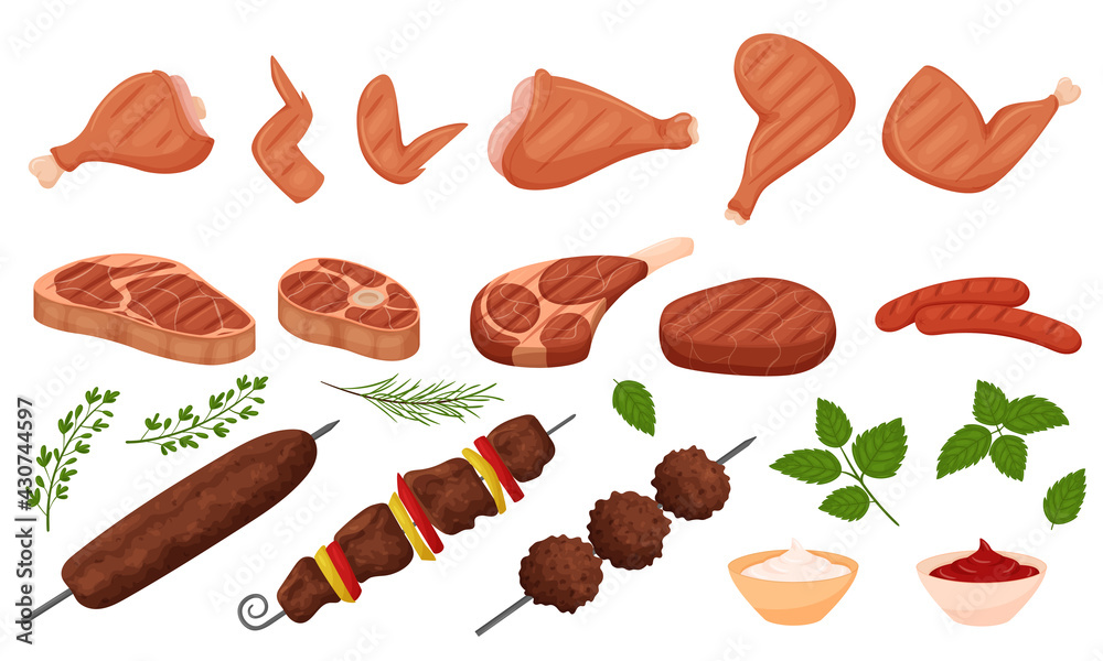 Shish kebab, lula kebab, grilled chicken legs, wings, barbecue beef, sausages, sauces, herbs.Set of Grilled meat dishes. Ready meat food in a flat cartoon style. vector illustration isolated on white.