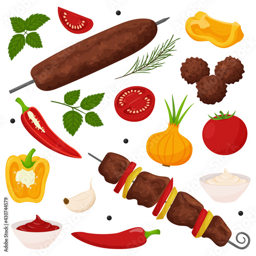 Shish kebab, lula kebab, meatballs.Set of Grilled meat dishes on the coals. Vegetables, sauce, spices, herbs. Ready-made meat food in a flat, cartoon style.Color vector illustration isolated on white.
