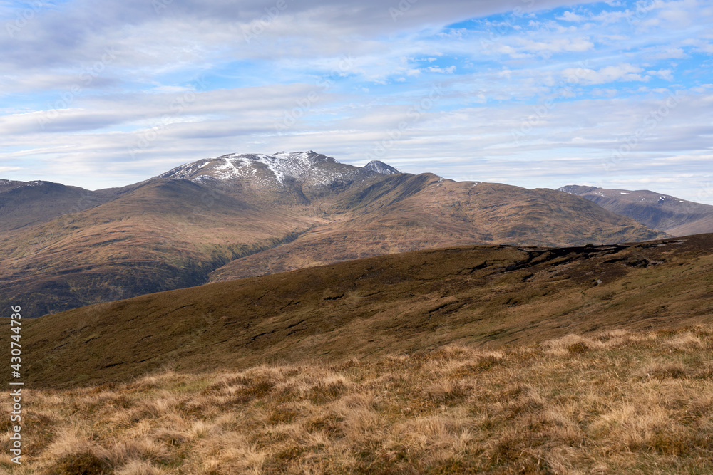 The mountain summits of Meall Garbh and An Stuc from below Carn Gorm in winter Scottish Highlands, UK Landscapes.