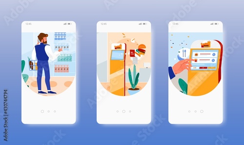 Pay for food. Self service technologies. Mobile app screens, vector website banner template. UI, web site design.