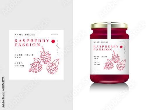 Vector illustration realistic glass bottle packaging for fruit jam. Raspberry jam with design label, typography, line raspberry icon.
