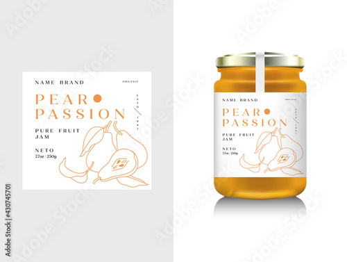 Vector illustration realistic glass bottle packaging for fruit jam. Pear jam with design label, typography, line pear icon.