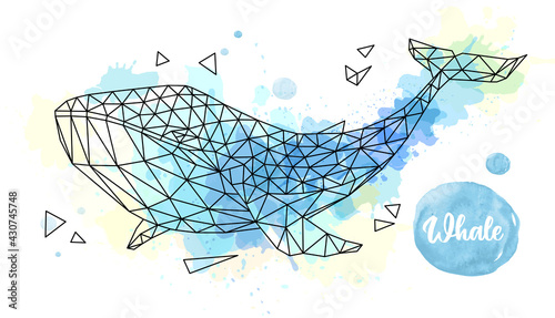 Hipster polygonal whale on artistic watercolor background. Vector illustration