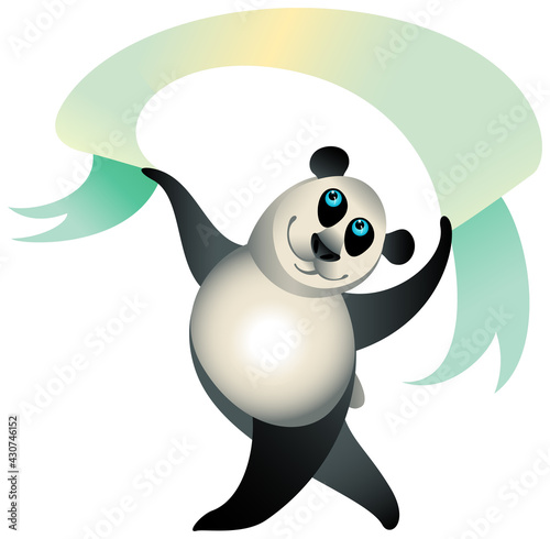 Image of a cheerful panda with a ribbon. Vector graphics