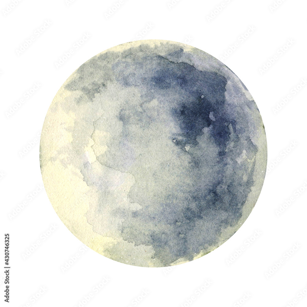 Full Moon isolated on white background. Watercolor illustration. Hand painted space planet art. Full Moon isolated on white background. Watercolor illustration. Hand painted space planet art.