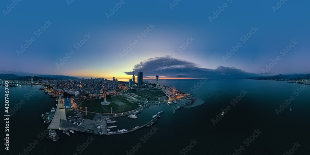 Batumi, Georgia - April 28, 2021: Aero view of the night city