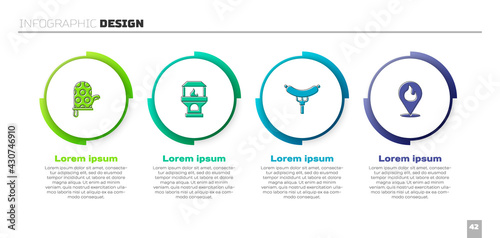 Set Oven glove, Brick stove, Sausage on the fork and Location with fire flame. Business infographic template. Vector
