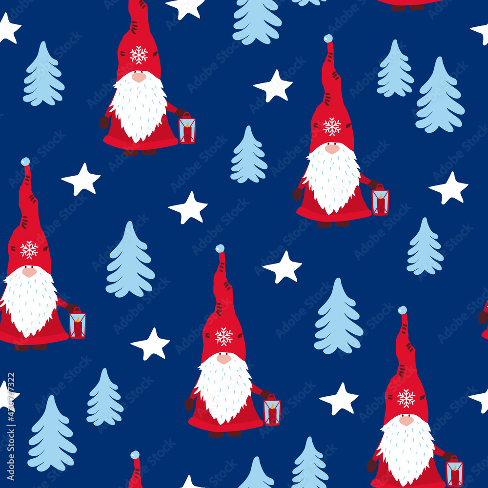 merry christmas and happy new year winter seasonal xmas seamless pattern with scandinavian gnomes, endless repeatable textue , vector illustration graphic
