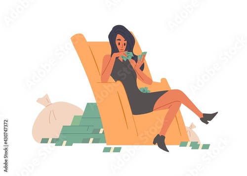 Happy rich and wealthy woman counting cash. Young lady with money stacks and ...
