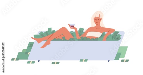 Young rich woman swimming in bath tub stuffed with money. Successful careless person in bathtub filled with cash. Colored flat vector illustration of wealthy character isolated on white background
