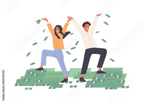 Happy rich people throwing money in air, making dollar rain. Successful couple and piles of cash. Prosperity and wealth concept. Colored flat graphic vector illustration isolated on white background