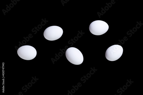 White chicken eggs fall. Black background. Levitation. Protein nutrition concept. Creativity.