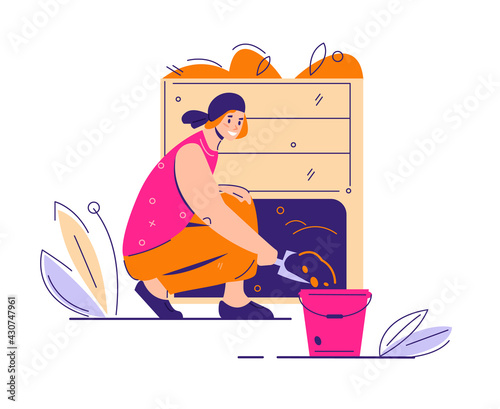 A young woman puts ready-made compost from a compost bin into a bucket. The concept of organic recycling, fertilizer for the garden. vector illustration in flat cartoon style.