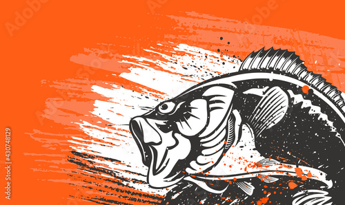 Fishing bass logo. Bass fish with rod club emblem. Fishing theme illustration. Fish Isolated on white.