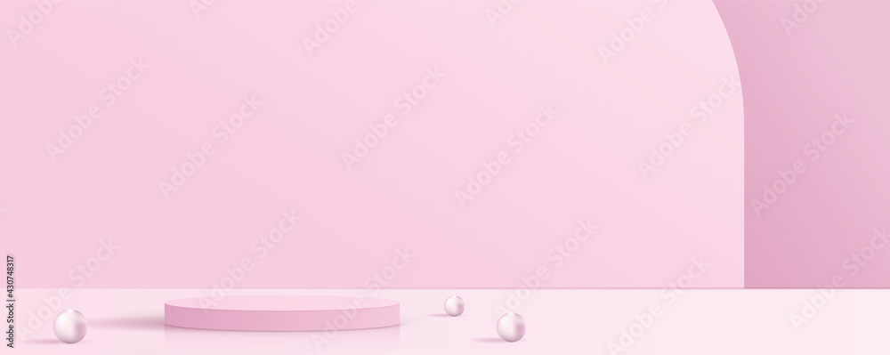 Cosmetic pink background minimal and premium podium display for product presentation branding and packaging. studio stage with pearls vector design