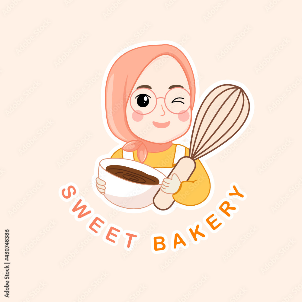 Homemade halal logo, Cute muslim female chef wearing a hijab. Stock