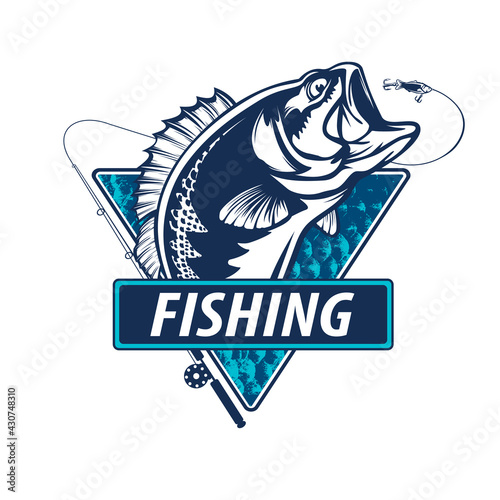 Fishing bass logo. Bass fish with rod club emblem. Fishing theme illustration. Fish Isolated on white.
