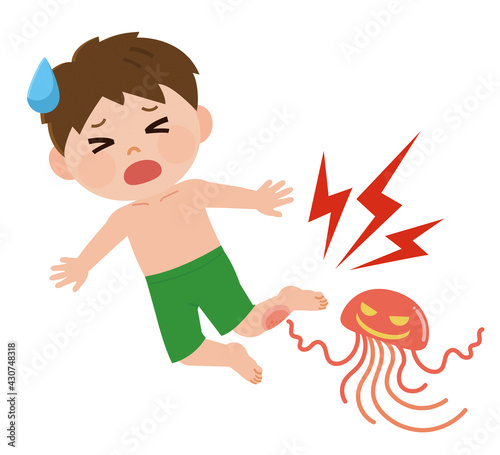 危険なクラゲにさされて泣く男の子　イラスト