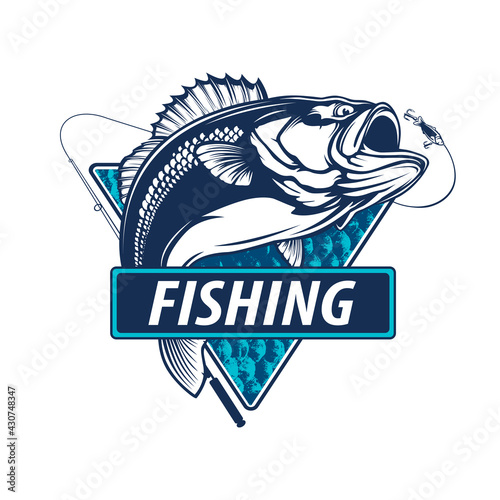 Fishing bass logo. Bass fish with rod club emblem. Fishing theme illustration. Fish Isolated on white.