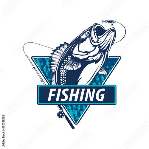 Fishing bass logo. Bass fish with rod club emblem. Fishing theme illustration. Fish Isolated on white.