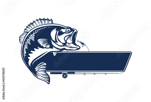 Fishing bass logo. Bass fish with rod club emblem. Fishing theme illustration. Fish Isolated on white.