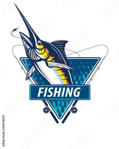 Marline fishing grunge background. Fishing retro theme. Sword fish.