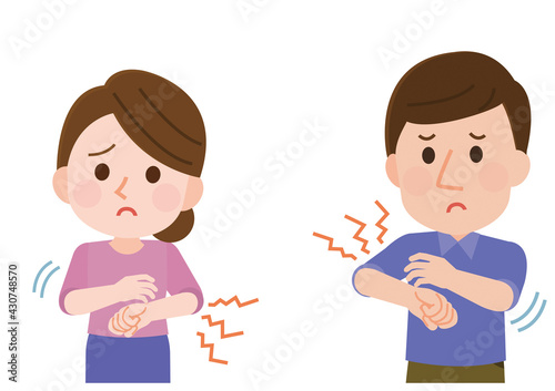 腕を掻く男性と女性　皮膚トラブルのイラスト