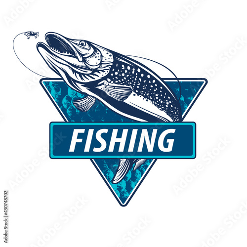 Pike fishing emblem. Pike fish logo vector. Outdoor fishing background theme. Angry fish logo.