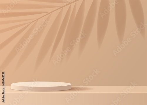 Cosmetic light brownbackground minimal and premium podium display for product presentation branding and packaging presentation. studio stage with shadow of leaf background. vector design