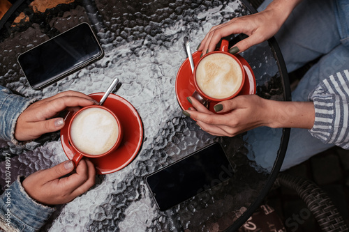 Flat Lay Two Women Friends Drinking Coffee in Cafe Outdoors, Lunch Time Concept