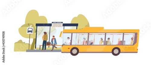 Arrived bus with passengers and people waiting at public transport stop in nature. Landscape with suburban station. Colored flat vector illustration isolated on white background