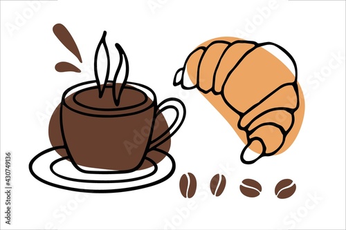 Coffee mug with croissant sketch. Tasty morning breakfast. Hot drink and pastries. Line art in minimalist style. Banner, poster Template for coffee shop or restaurant. Hand drawn doodle clipart