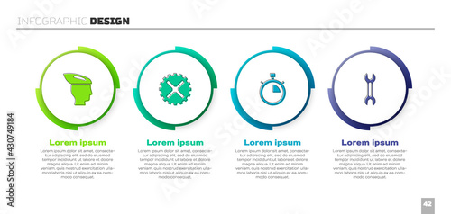 Set Bicycle helmet, sprocket crank, Stopwatch and Wrench spanner. Business infographic template. Vector