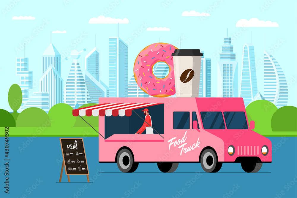 Fast food pink truck with baker outdoor city park. Donut and coffee paper cup on van roof. Doughnut with hot beverage car delivery service or fair on street catering wheels vector illustration