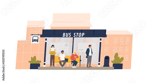 People waiting for public transport at urban bus stop. Men and women sitting and standing at city municipal station. Colored flat vector illustration of commuters isolated on white background