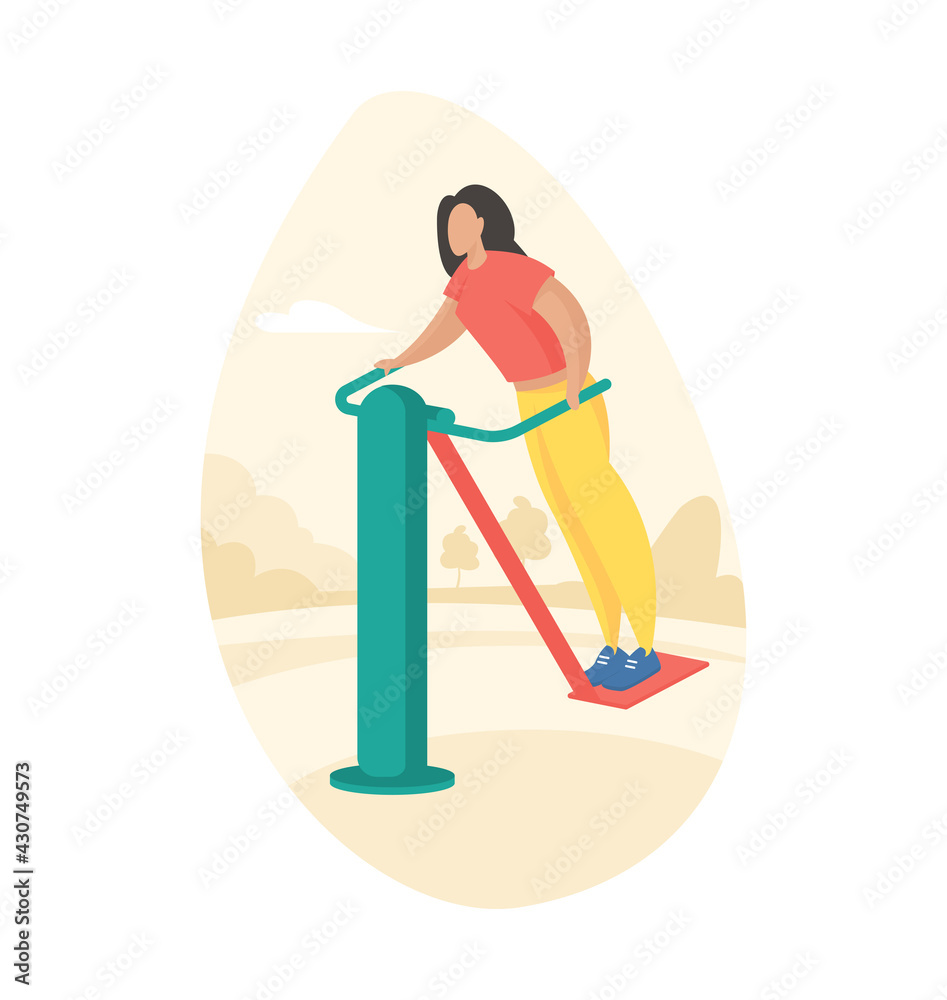 Outdoor fitness equipment flat illustration. Female cartoon character doing workout exercises using outdoor air skier. Outdoor sports gym. Streets workout. Sports training