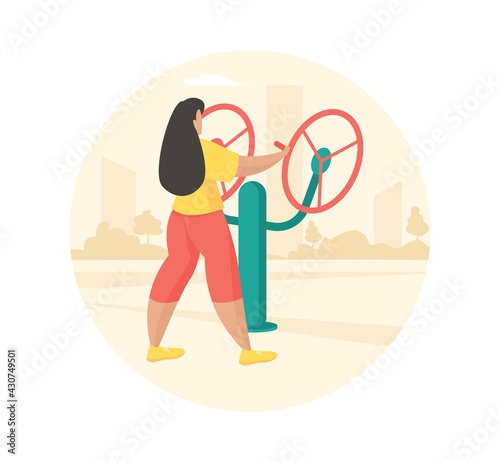 Outdoor fitness equipment flat illustration. Female cartoon character doing workout exercises using shoulder station. Outdoor sports gym. Streets workout. Sports training