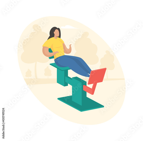 Outdoor fitness equipment flat illustration. Female cartoon character doing workout exercises using gym machine for legs. Outdoor sports gym. Streets workout. Sports training