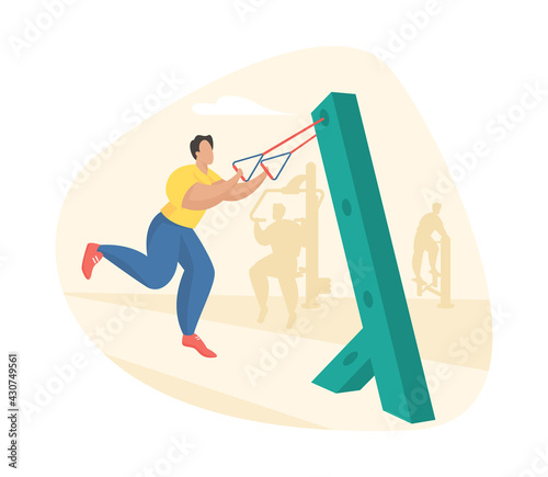 Outdoor fitness equipment flat illustration. Male cartoon character doing workout exercises using resistance bands. Outdoor sports gym. Streets workout. Sports training