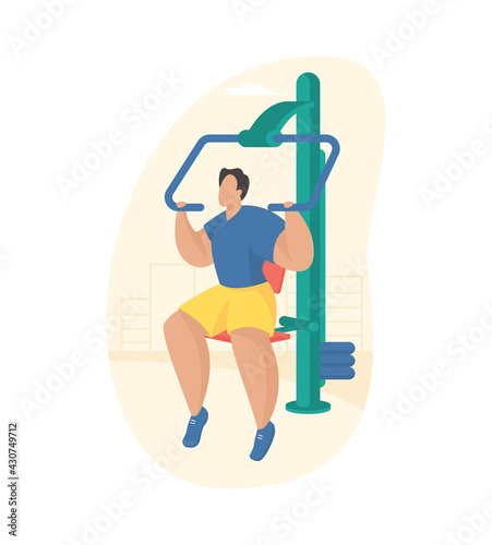 Outdoor fitness equipment flat illustration. Male cartoon character doing workout exercises using pull down challenger. Outdoor sports gym. Streets workout. Sports training