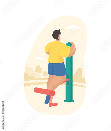 Outdoor fitness equipment flat illustration. Male cartoon character doing workout exercise using self weighted rower. Outdoor sports gym. Streets workout. Sports training