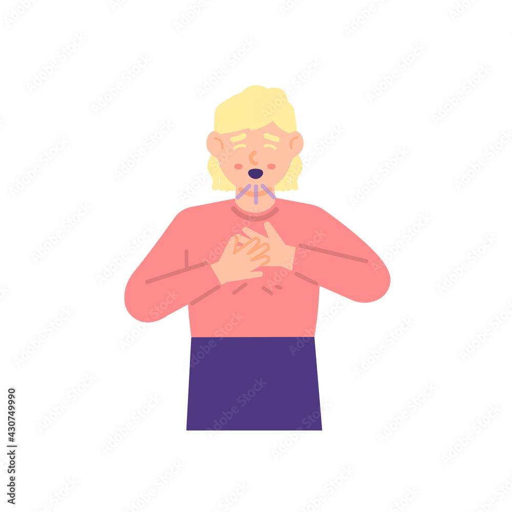 a woman experiences shortness of breath or asthma. hands holding the chest and difficulty breathing. expression of a person whose chest is sick or unwell. flat style. vector design element a woman experiences shortness of breath or asthma. hands holding the chest and difficulty breathing. expression of a person whose chest is sick or unwell. flat style. vector design element