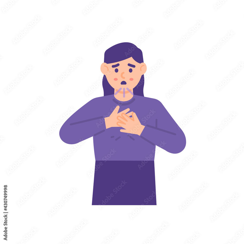 a woman experiences shortness of breath or asthma. hands holding the chest and difficulty breathing. expression of a person whose chest is sick or unwell. flat style. vector design element a woman experiences shortness of breath or asthma. hands holding the chest and difficulty breathing. expression of a person whose chest is sick or unwell. flat style. vector design element