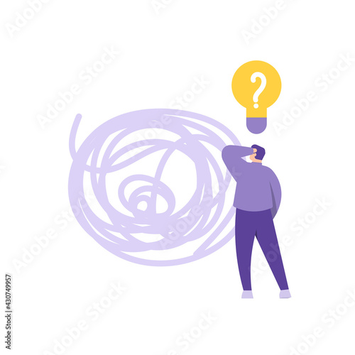 the concept of brainstorming, problem solving, strategy. illustration of a businessman thinking of tackling a tangled thread or rope. ideas and solutions. flat style. people illustration vector design