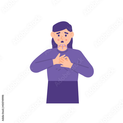 a woman experiences shortness of breath or asthma. hands holding the chest and difficulty breathing. expression of a person whose chest is sick or unwell. flat style. vector design element